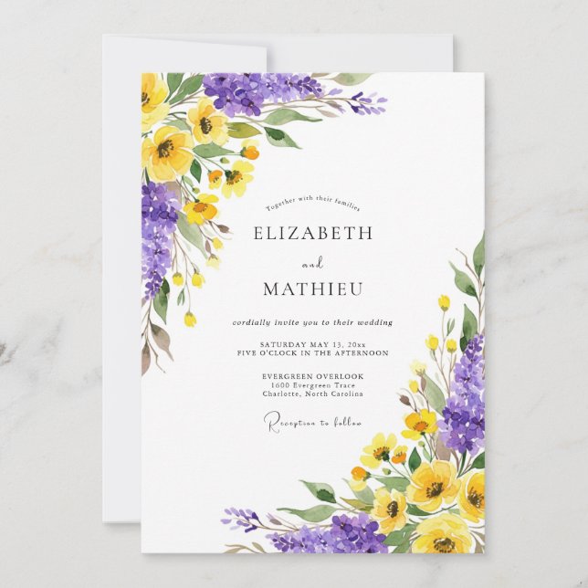 Purple Yellow Botanical Blossom Wedding Invitation (Front)