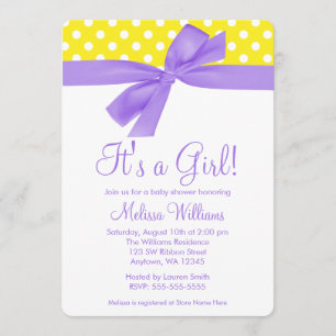 Purple Yellow Bow Polka Dot Baby Shower Invitation
