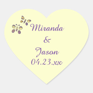 Purple Yellow Butterflies Save the Date Wedding Heart Sticker