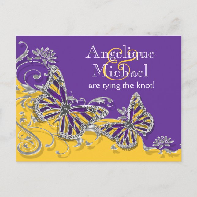 Purple yellow butterfly wedding engagement announcement postcard (Front)