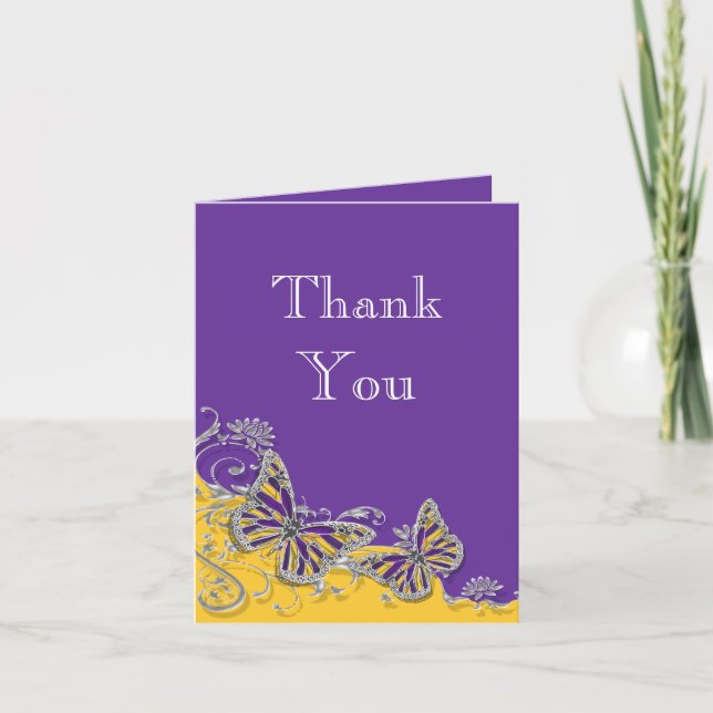 Purple yellow butterfly wedding engagement thank you card (Front)