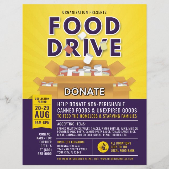 Purple Yellow Canned Food Drive Fundraiser Flyer (Front)