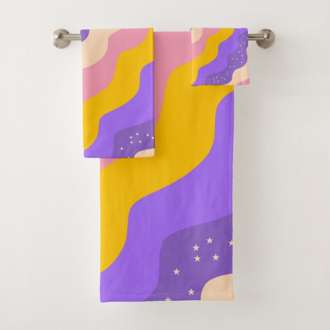 Purple Yellow Celestial Stripe Groovy Abstract Bath Towel Set (Insitu)