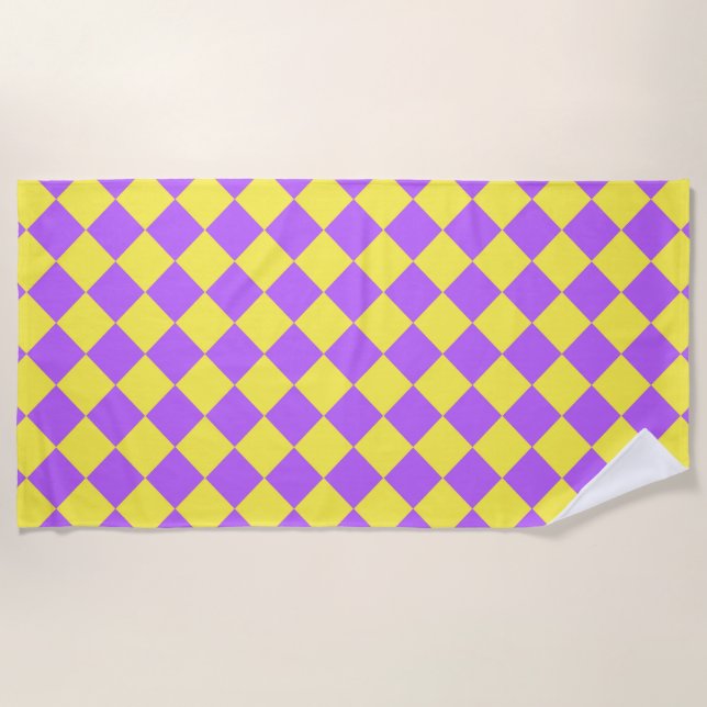 Purple Yellow Chequered Diamond Pattern  Beach Towel (Front)