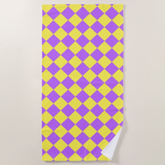 Purple Yellow Chequered Diamond Pattern  Beach Towel (Front)