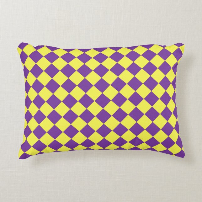 Purple Yellow Chequered Diamond Pattern  Decorative Cushion (Front)
