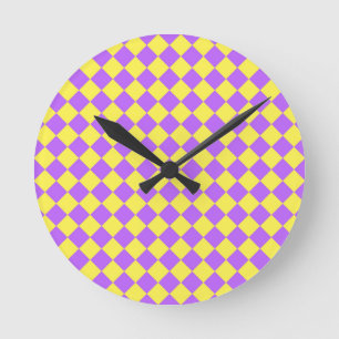 Purple Yellow Chequered Diamond Pattern Round Clock