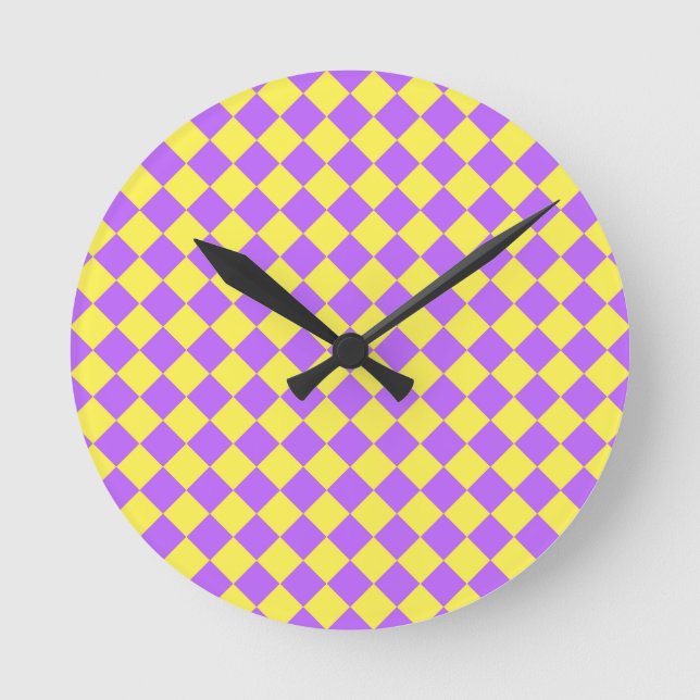 Purple Yellow Chequered Diamond Pattern Round Clock (Front)