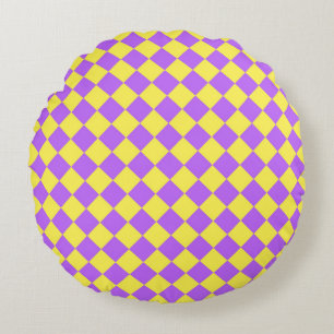 Purple Yellow Chequered Diamond Pattern Round Cushion