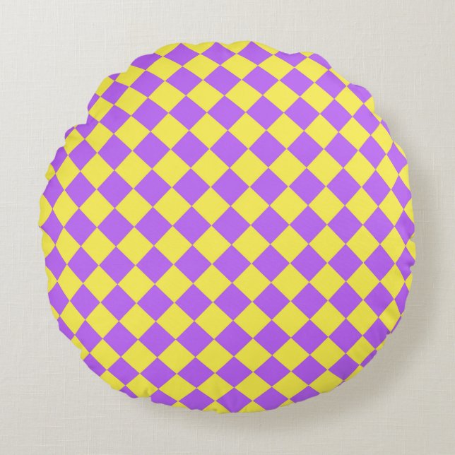 Purple Yellow Chequered Diamond Pattern  Round Cushion (Front)