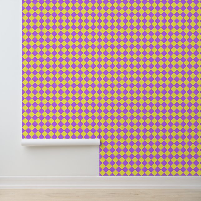 Purple Yellow Chequered Diamond Pattern Wallpaper (Application)