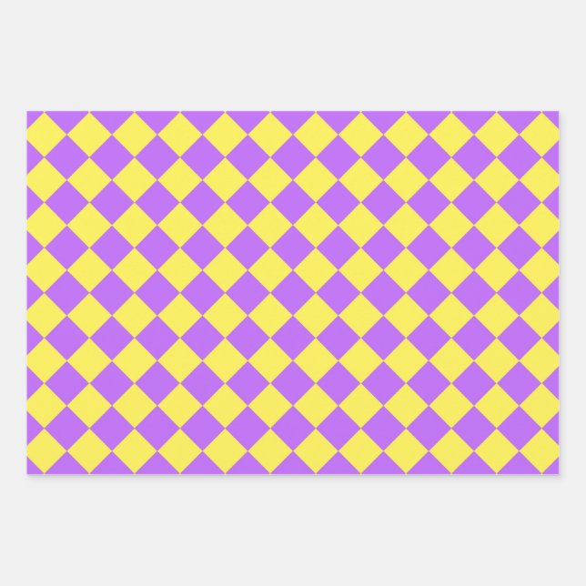 Purple Yellow Chequered Diamond Pattern Wrapping Paper Sheet (Front)