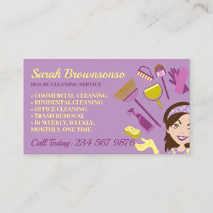 Purple Yellow Clean Janitorial Lady House Cleaner Business Card
