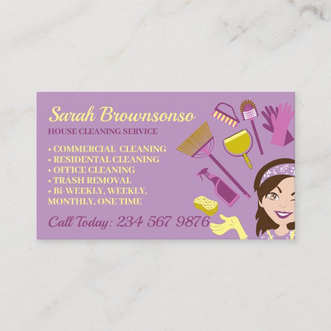 Purple Yellow Clean Janitorial Lady House Cleaner Business Card (Front)