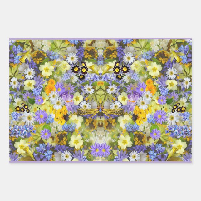 Purple Yellow Country Garden Flowers  Wrapping Paper Sheet (Front)
