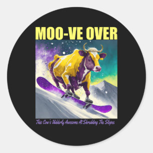 Purple Yellow Cow Snowboarding Shredding Down The Classic Round Sticker