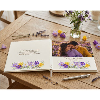 Purple Yellow Crocus Floral Photo Foil Wedding  Guest Book