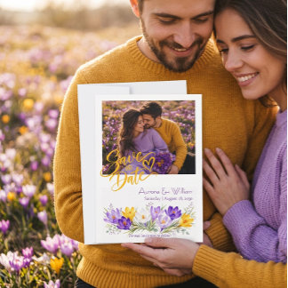 Purple Yellow Crocus Floral Photo Save The Date  Invitation