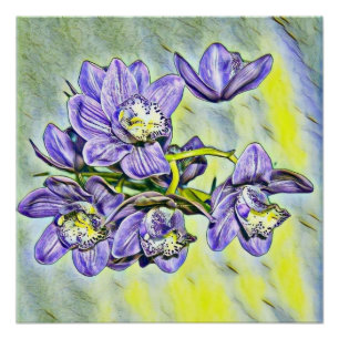 Purple yellow cute orchid flowers watercolor poster