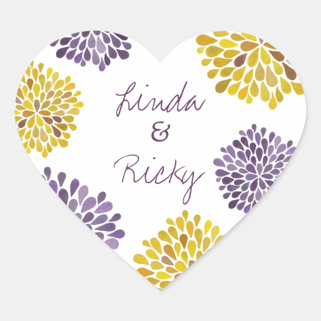 Purple & Yellow Dahlia Flowers Wedding Sticker (Front)