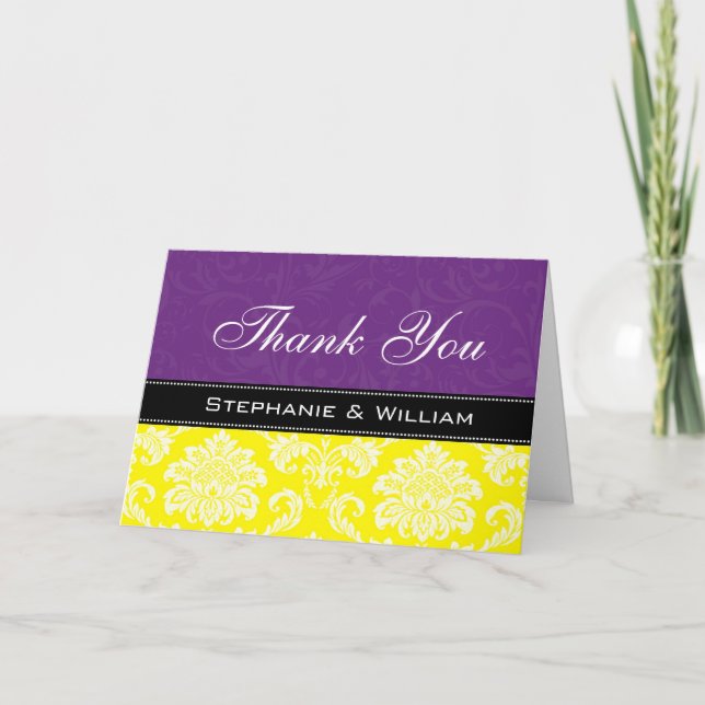 Purple Yellow Damask Wedding Thank You Cards (Front)