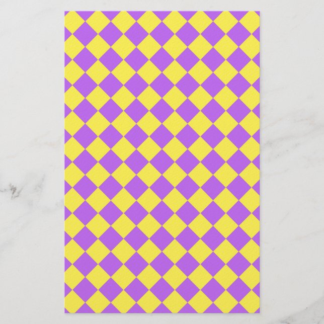 Purple Yellow Diamond Harlequin Chequered Pattern Stationery (Front)