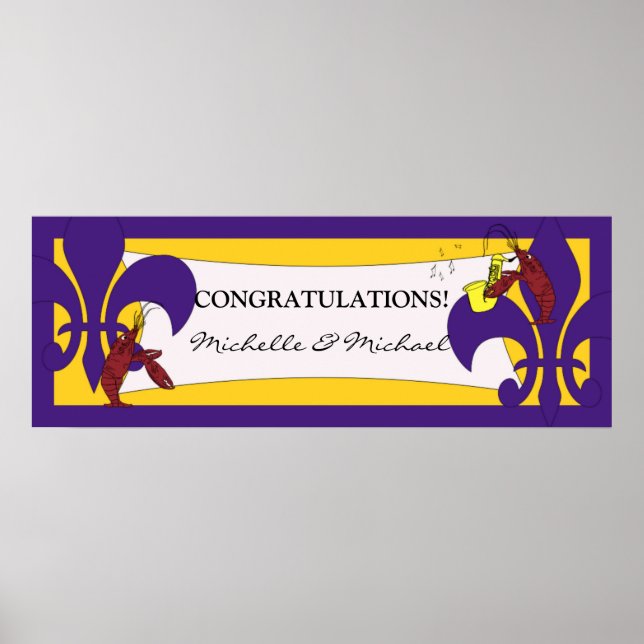 Purple Yellow Fleur de Lis Crawfish Party Banner Poster (Front)