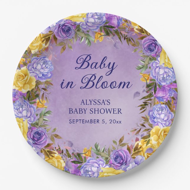 Purple Yellow Floral Baby in Bloom Shower  Paper Plate (Front)