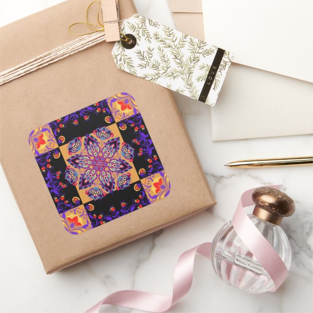Purple & Yellow Floral Fusion Square Sticker (Gifting)