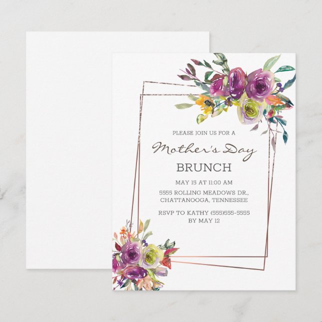 Purple Yellow Floral Geometric Mother's Day Brunch Invitation (Front/Back)