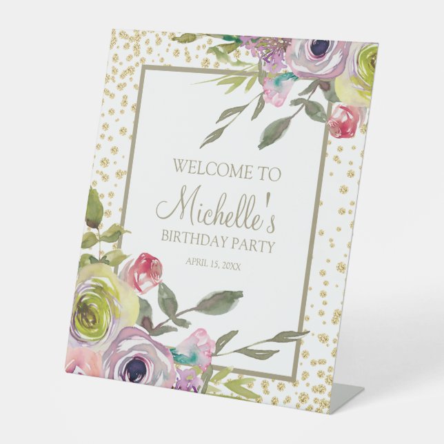 Purple Yellow Floral Gold Glitter Birthday Welcome Pedestal Sign (Front)