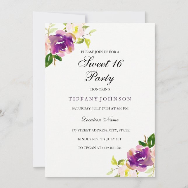 Purple Yellow Floral Sweet 16 Party Invitation (Front)