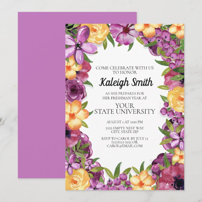 Purple Yellow Floral White CollegeTrunk Party Invitation (Front/Back)