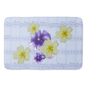 Purple & Yellow Flowers Blue Sheet Music Bath Mat