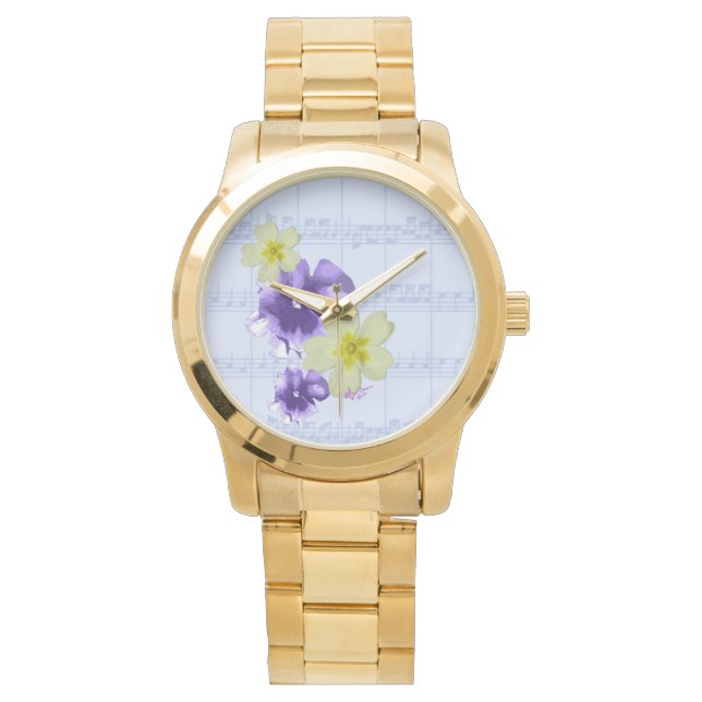 Purple & Yellow Flowers Sheet Music Gold Watch (Front)