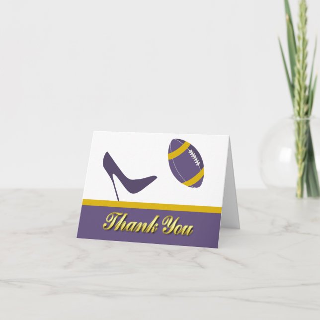 Purple & Yellow Football Wedding Thank You Card (Front)