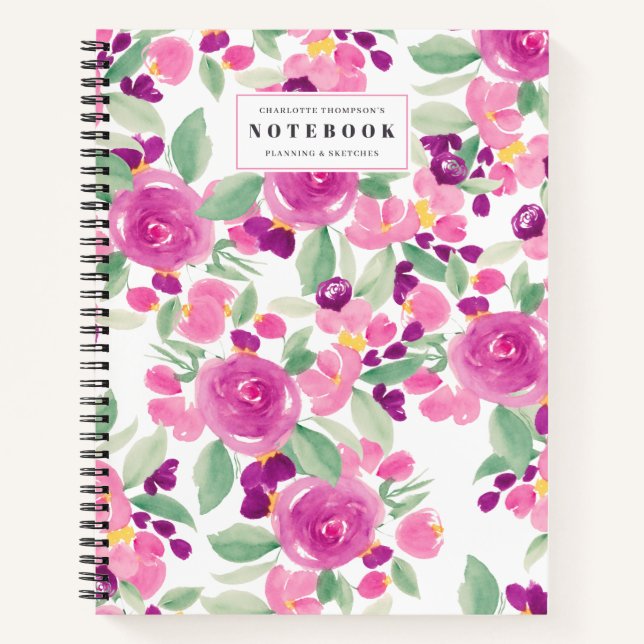 Purple yellow girly chic floral watercolor name notebook (Front)