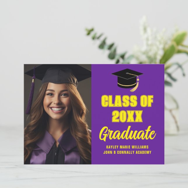 Purple Yellow Graduate Photo Modern Graduation Announcement (Standing Front)