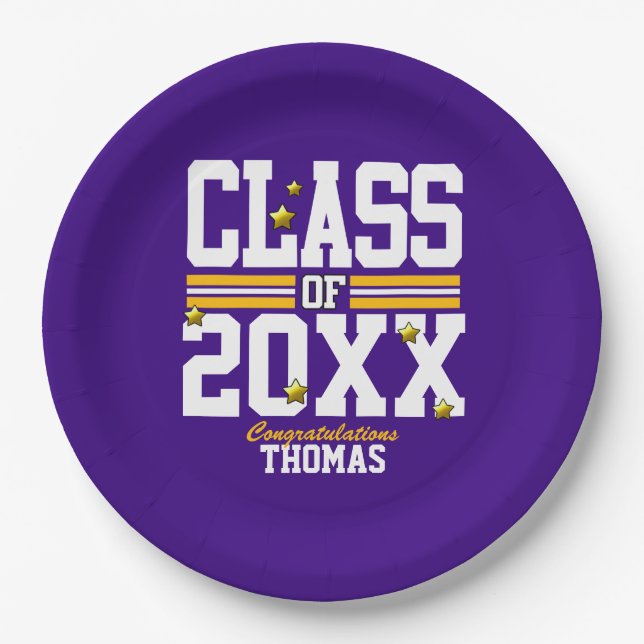 Purple|Yellow Graduating Class Year Paper Plate (Front)