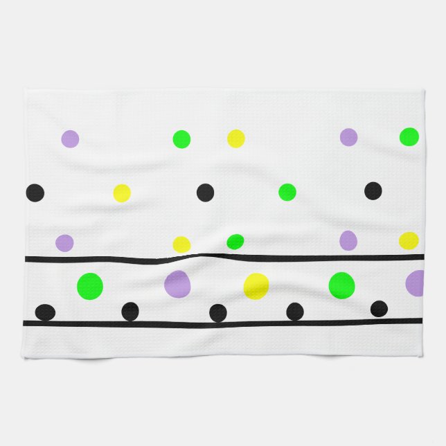 Purple Yellow Green Black Polka Dots Tea Towel (Horizontal)