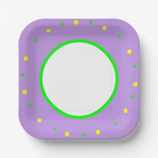 Purple Yellow Green Geometric Polka Dots Paper Plate (Front)