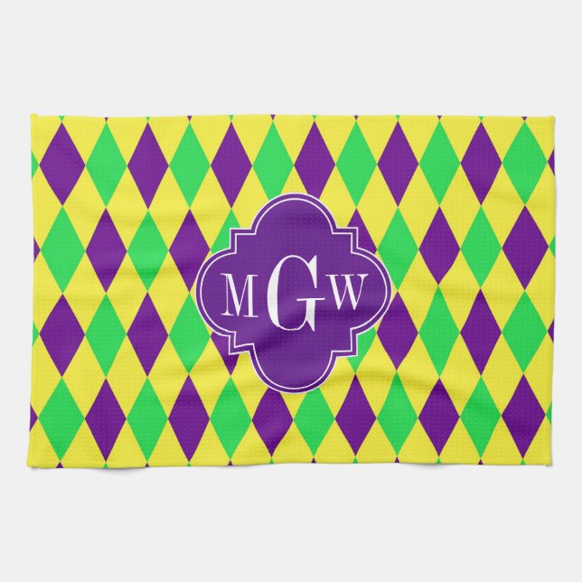 Purple Yellow Green Harlequin Purp Quat 3 Monogram Tea Towel (Horizontal)