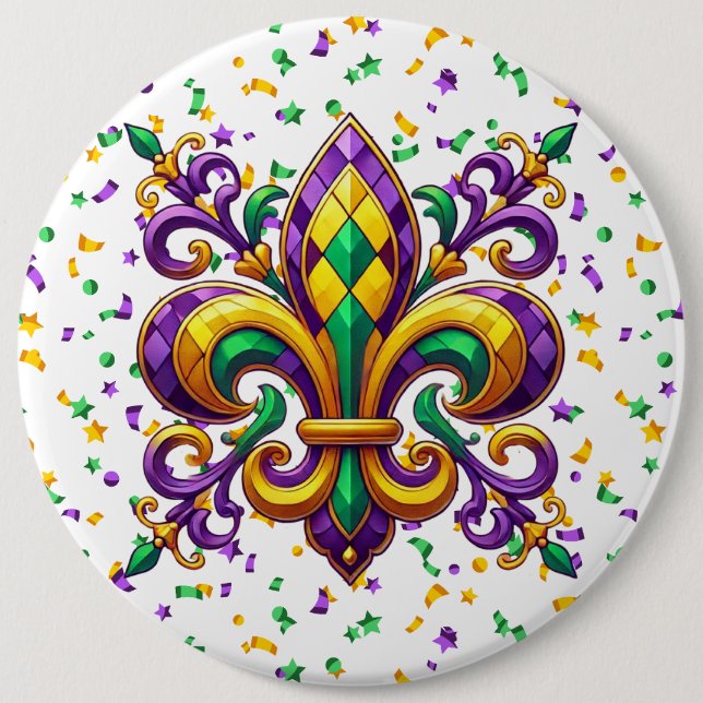 Purple yellow green Mardi Gras fleur de lis 6 Cm Round Badge (Front)