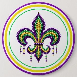 Purple yellow green Mardi Gras fleur de lis 6 Cm Round Badge