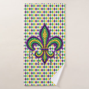 Purple yellow green Mardi Gras fleur de lis Bath Towel