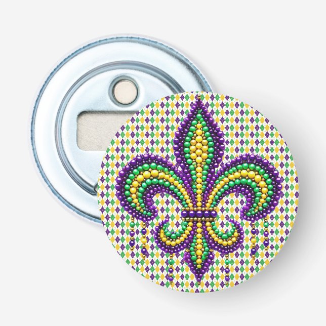 Purple yellow green Mardi Gras fleur de lis Bottle Opener (Front)