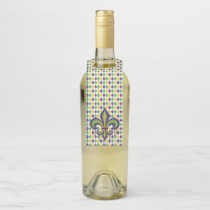 Purple yellow green Mardi Gras fleur de lis Bottle Tag
