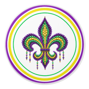 Purple yellow green Mardi Gras fleur de lis Ceramic Knob