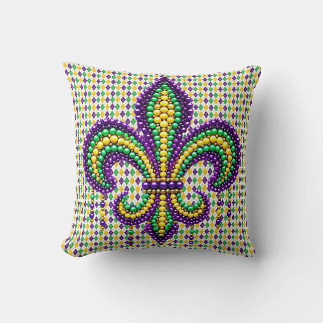 Purple yellow green Mardi Gras fleur de lis Cushion (Front)