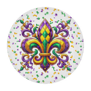 Purple yellow green Mardi Gras fleur de lis Cutting Board